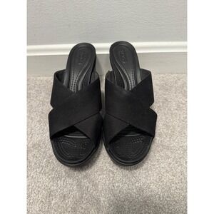 Women's Crocs Leigh II Cross-Strap Wedge Sandals Black Canvas Platform Slides 11